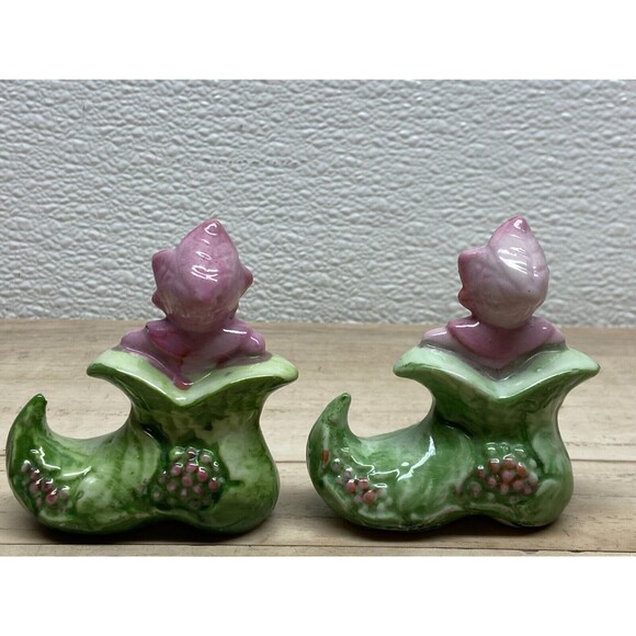 Vtg Unbranded Pink Elf In Green Boot Porcelain Figurine Set Of 2 Made In Japan - Picture 2 of 9